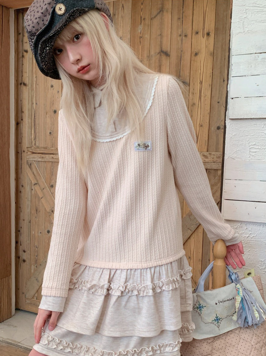 RF - Light Pink Faux Two-Piece Knit Dress with Lace Collar and Ruffle Hem