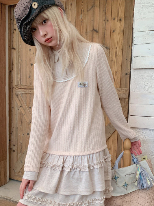 RF - Light Pink Faux Two-Piece Knit Dress with Lace Collar and Ruffle Hem