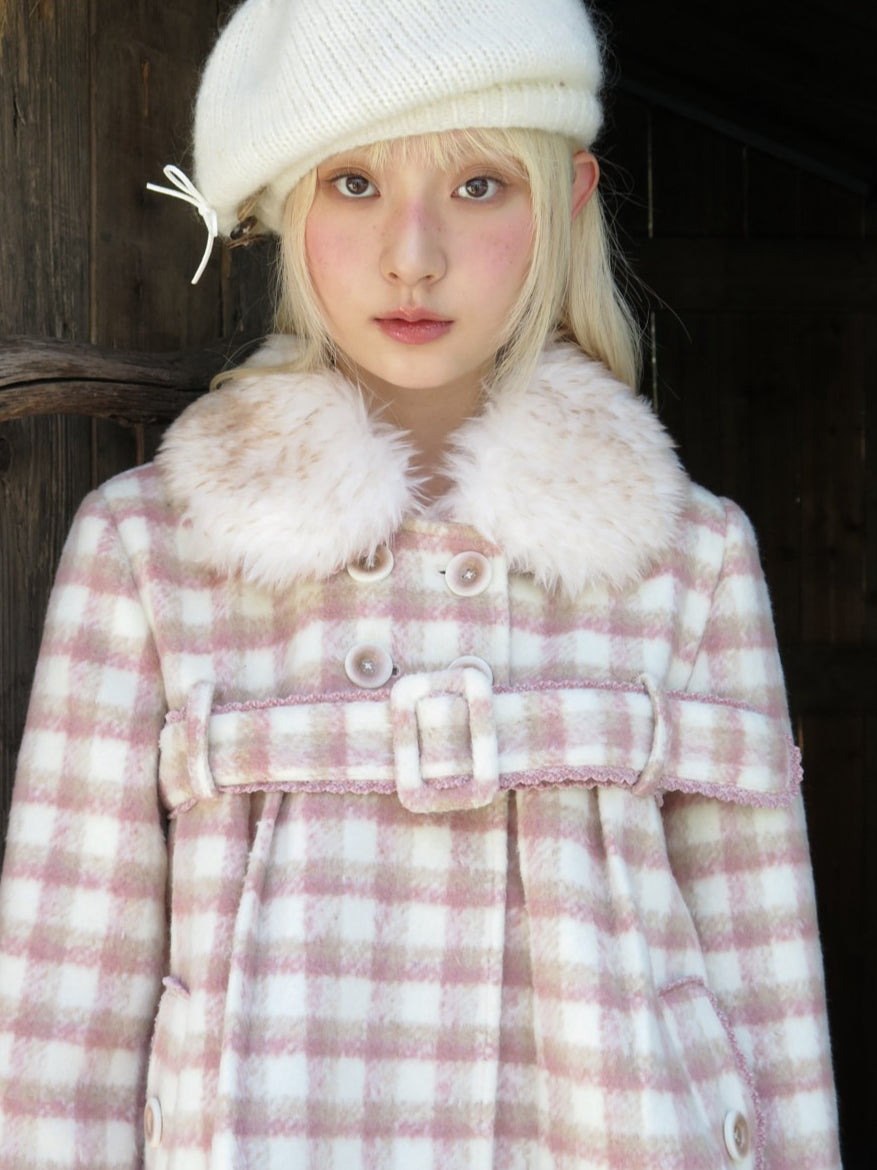 RF - Dusty Pink Plaid Wool-Look Coat with Detachable Fur Collar