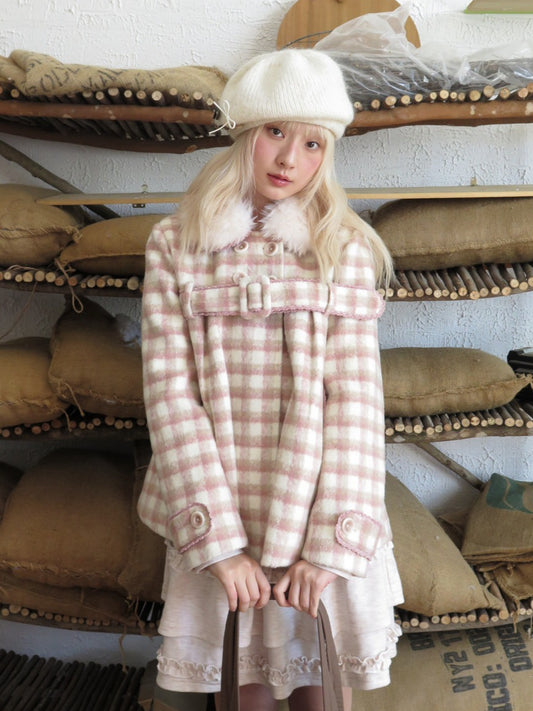 RF - Dusty Pink Plaid Wool-Look Coat with Detachable Fur Collar