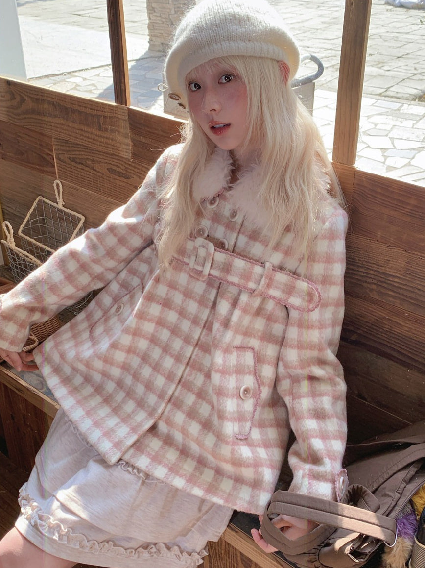 RF - Dusty Pink Plaid Wool-Look Coat with Detachable Fur Collar