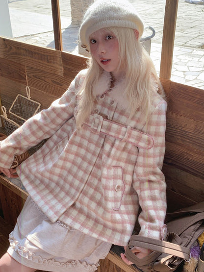 RF - Dusty Pink Plaid Wool-Look Coat with Detachable Fur Collar