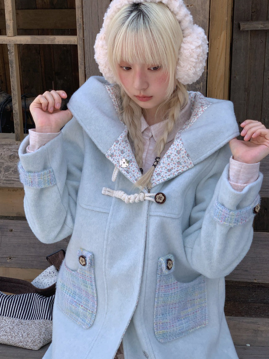 RF - Light Blue Plaid Mid-Length Wool-Blend Coat with Toggle Closures