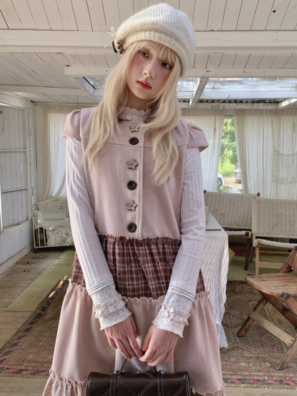 RF - Dusty Pink Patchwork Sleeveless A-Line Dress with Star Buttons
