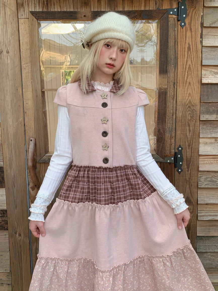 RF - Dusty Pink Patchwork Sleeveless A-Line Dress with Star Buttons