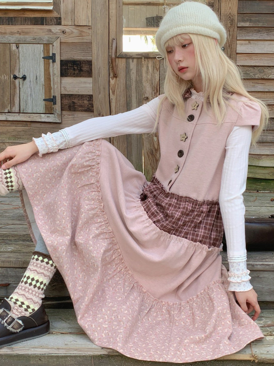 RF - Dusty Pink Patchwork Sleeveless A-Line Dress with Star Buttons