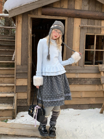 RF - Light Blue Ribbed Knit Top with Lace Collar and Double Ruffle Hem
