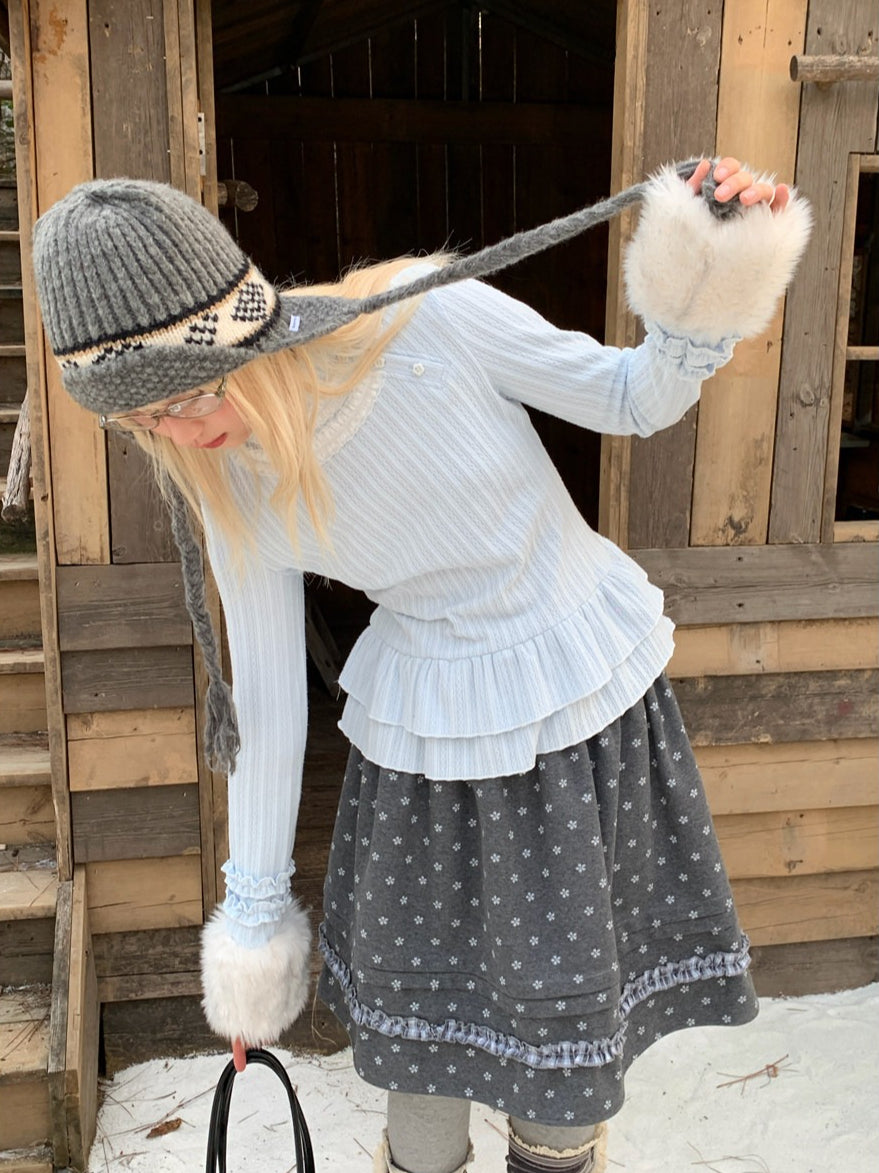 RF - Light Blue Ribbed Knit Top with Lace Collar and Double Ruffle Hem