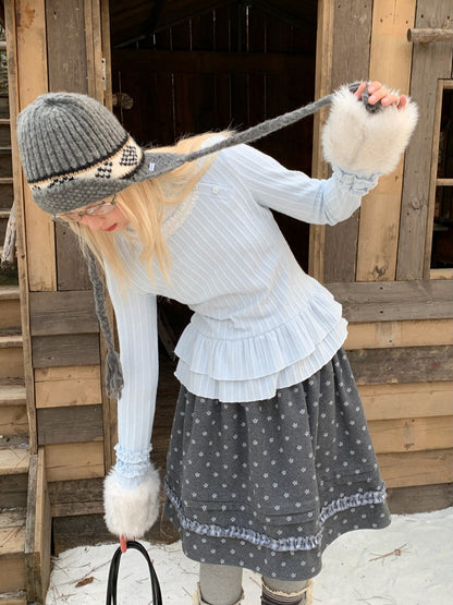 RF - Light Blue Ribbed Knit Top with Lace Collar and Double Ruffle Hem