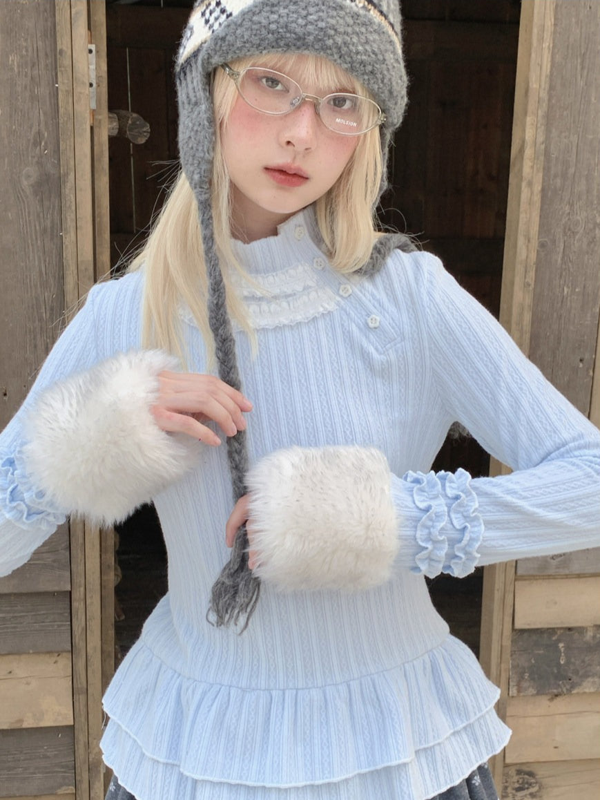 RF - Light Blue Ribbed Knit Top with Lace Collar and Double Ruffle Hem