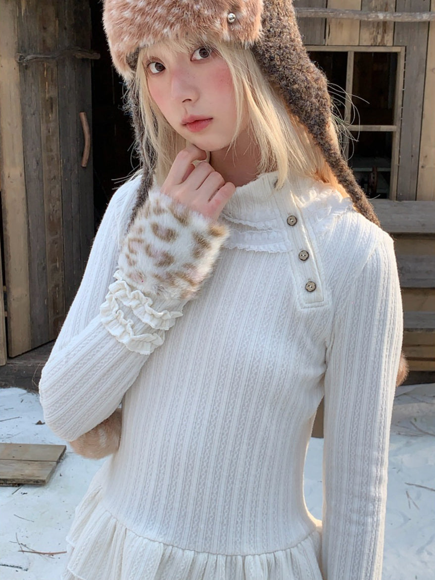 RF - Ivory Ribbed Knit Top with Lace Collar and Double Ruffle Hem