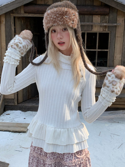 RF - Ivory Ribbed Knit Top with Lace Collar and Double Ruffle Hem