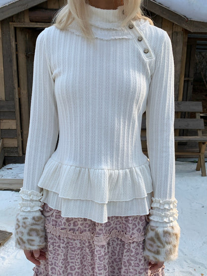 RF - Ivory Ribbed Knit Top with Lace Collar and Double Ruffle Hem