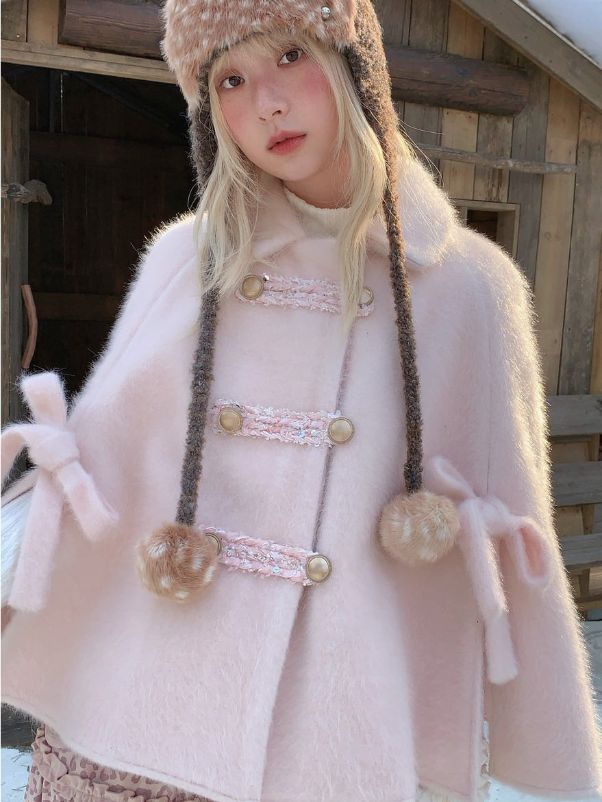 RF - Vintage Pink Fuzzy Cropped Cape Coat with Ribbon Buttons