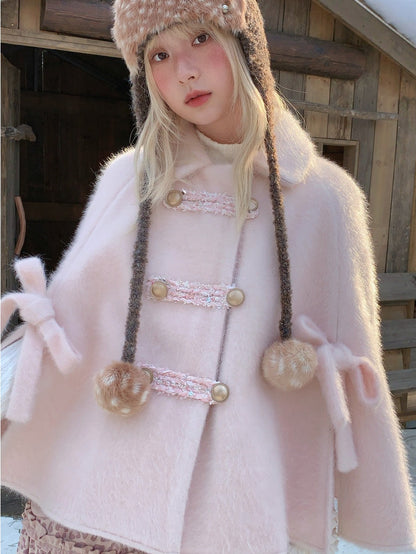 RF - Vintage Pink Fuzzy Cropped Cape Coat with Ribbon Buttons