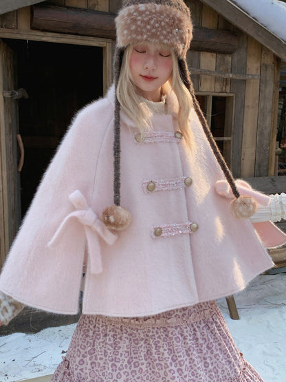 RF - Vintage Pink Fuzzy Cropped Cape Coat with Ribbon Buttons