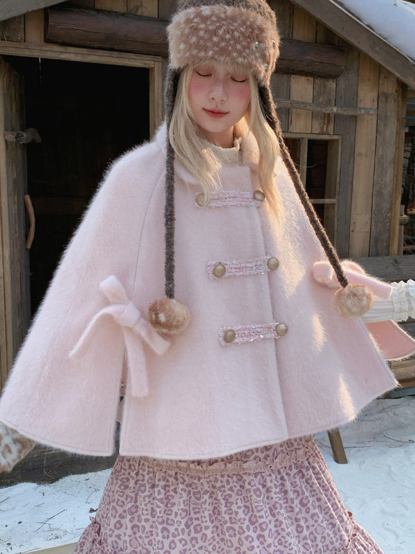RF - Vintage Pink Fuzzy Cropped Cape Coat with Ribbon Buttons