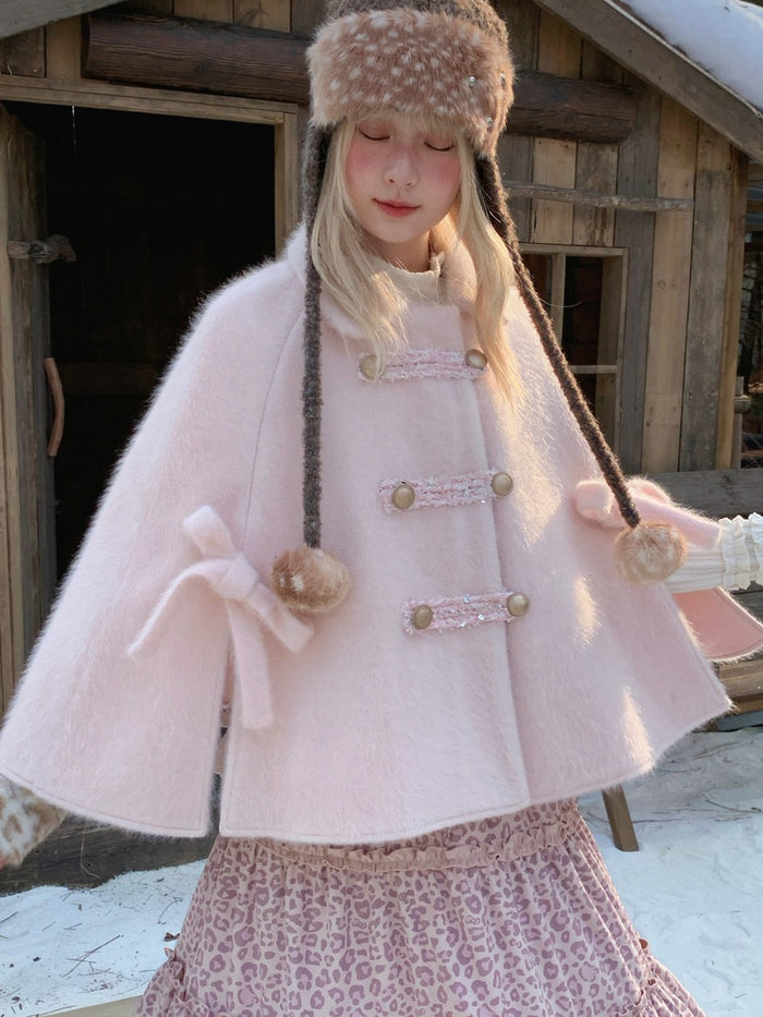 RF - Vintage Pink Fuzzy Cropped Cape Coat with Ribbon Buttons