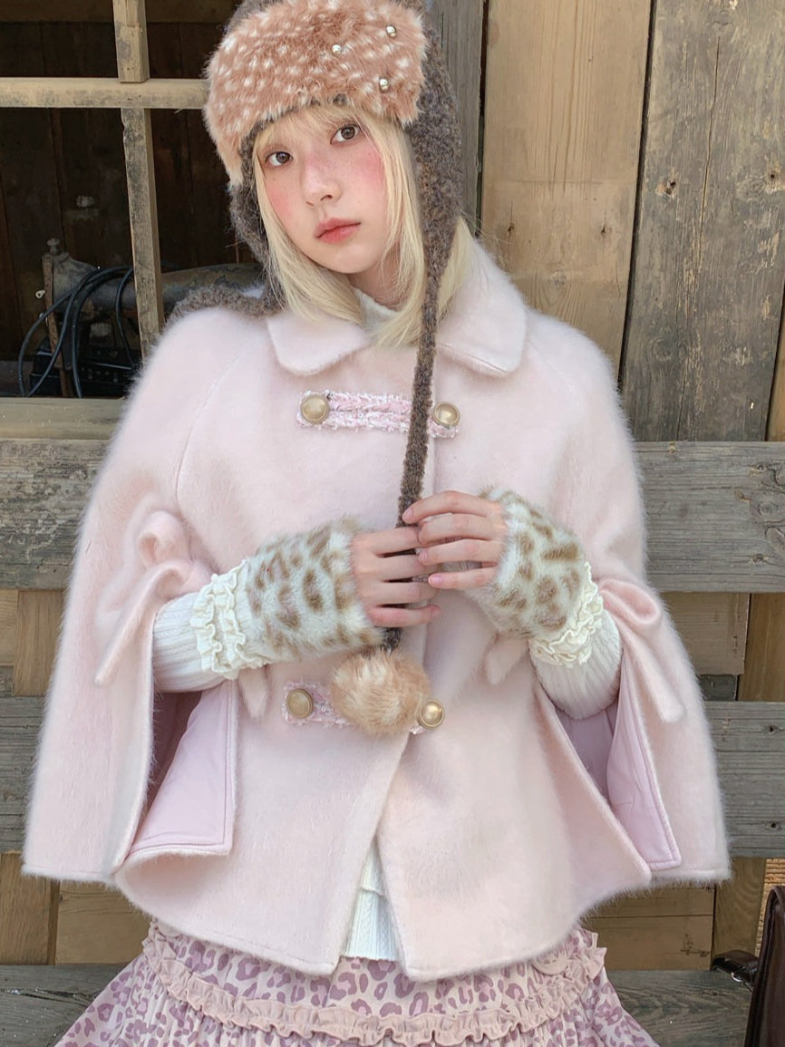 RF - Vintage Pink Fuzzy Cropped Cape Coat with Ribbon Buttons