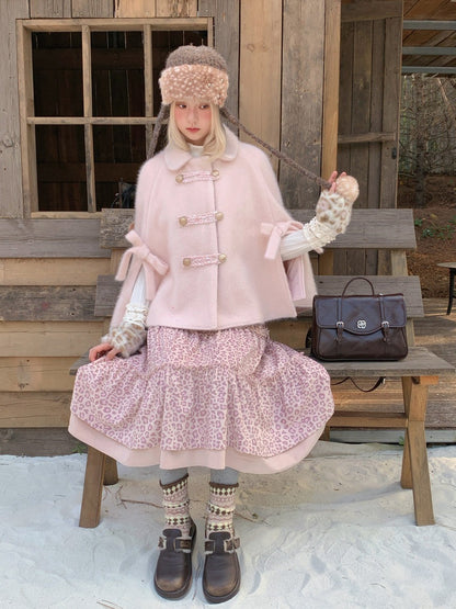RF - Vintage Pink Fuzzy Cropped Cape Coat with Ribbon Buttons