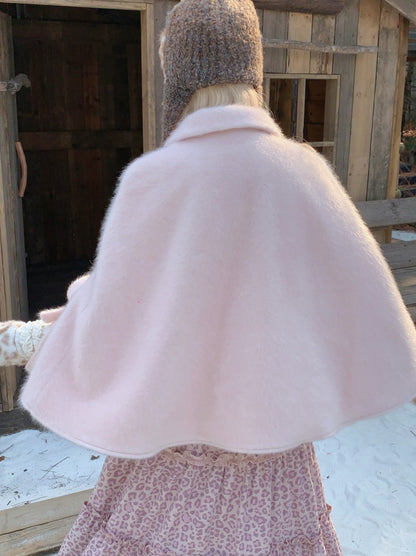 RF - Vintage Pink Fuzzy Cropped Cape Coat with Ribbon Buttons