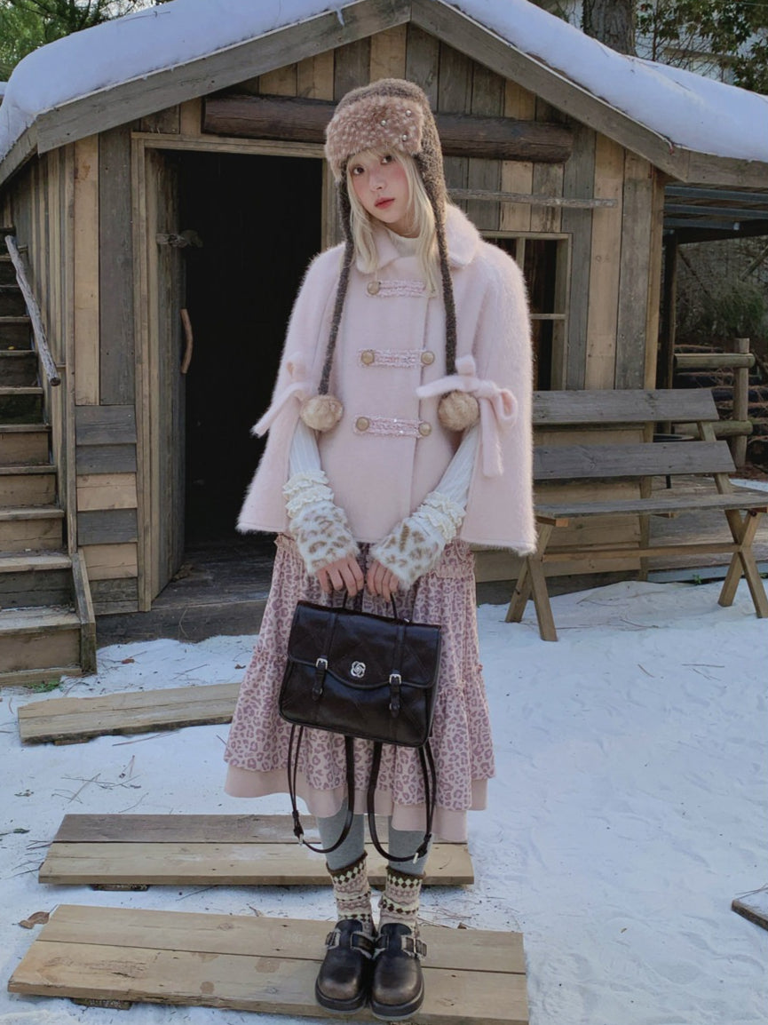 RF - Vintage Pink Fuzzy Cropped Cape Coat with Ribbon Buttons