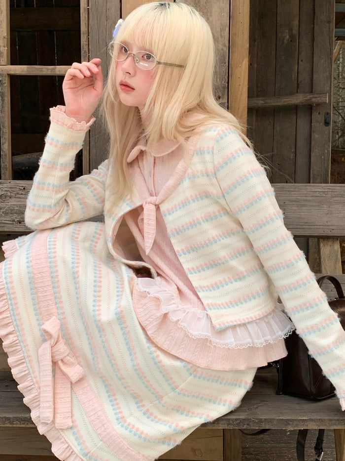 RF - Candy Stripe Floral Knit Cardigan and Midi Skirt Set