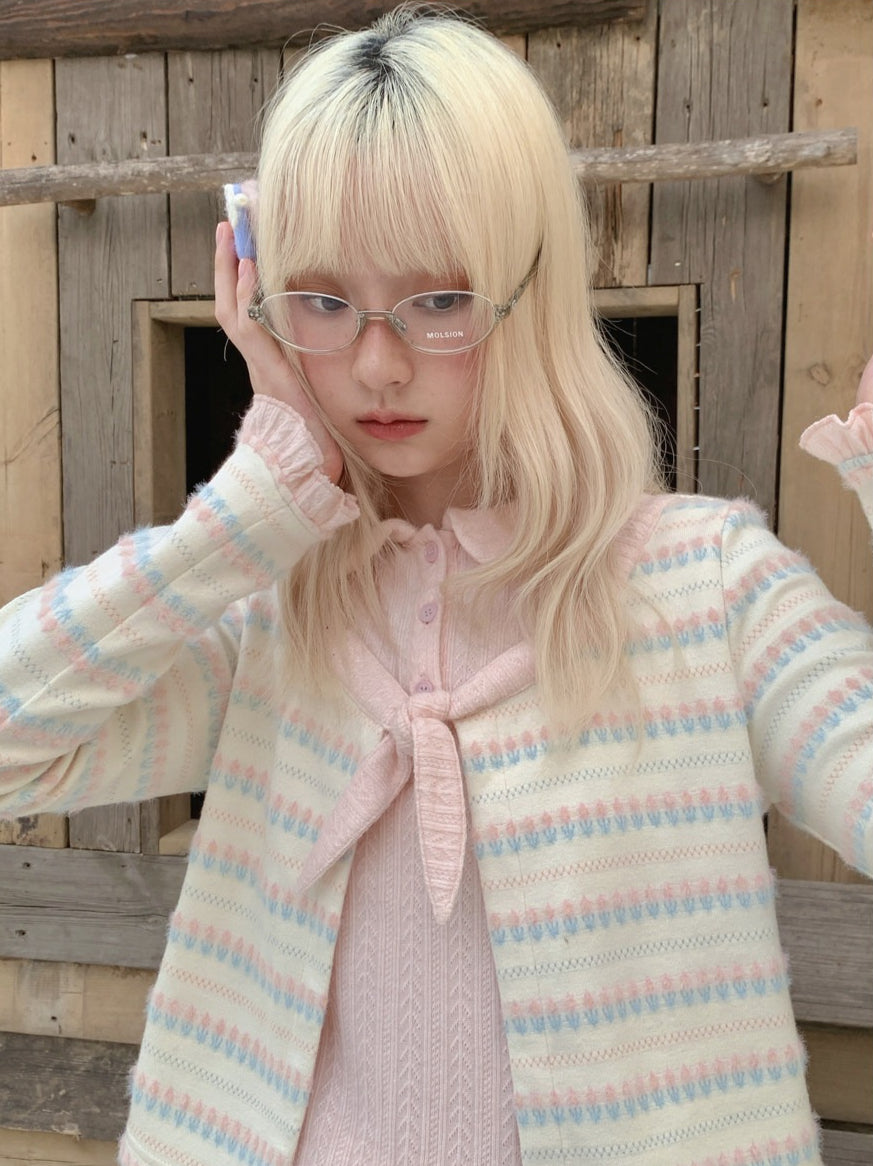 RF - Candy Stripe Floral Knit Cardigan and Midi Skirt Set