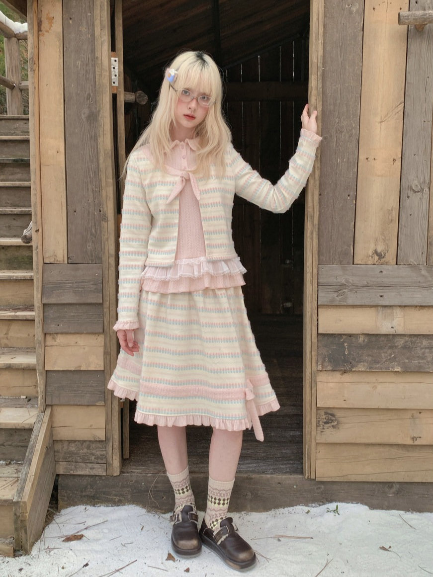 RF - Candy Stripe Floral Knit Cardigan and Midi Skirt Set