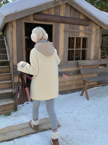 RF - Cream Yellow Hooded Wool-Blend Coat with Polka Dot Pockets