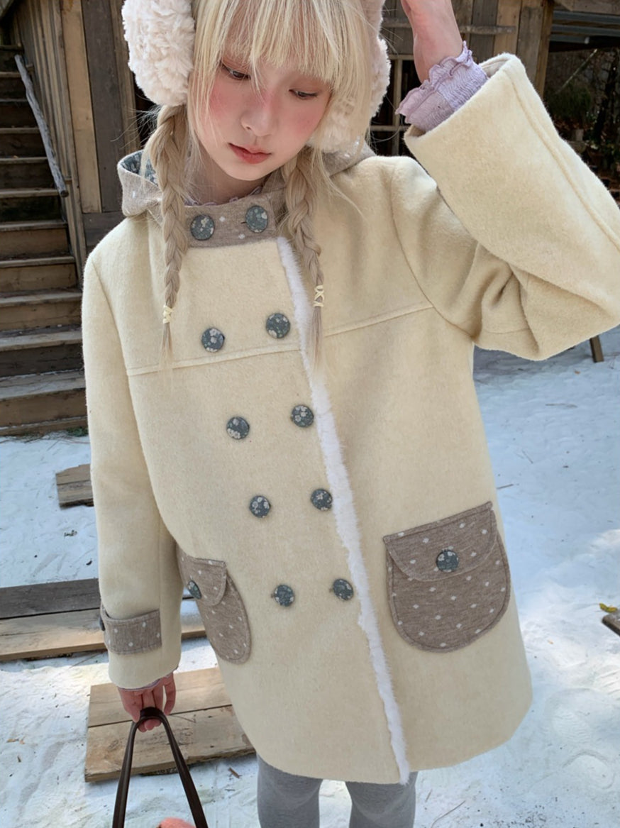 RF - Cream Yellow Hooded Wool-Blend Coat with Polka Dot Pockets
