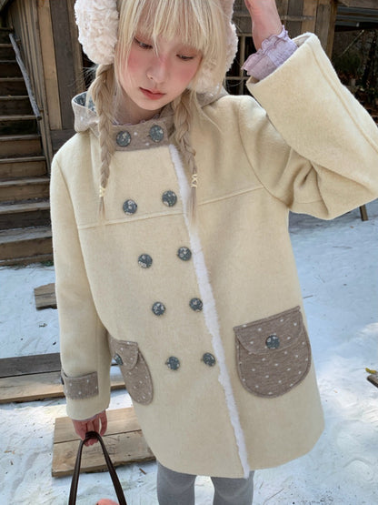 RF - Cream Yellow Hooded Wool-Blend Coat with Polka Dot Pockets