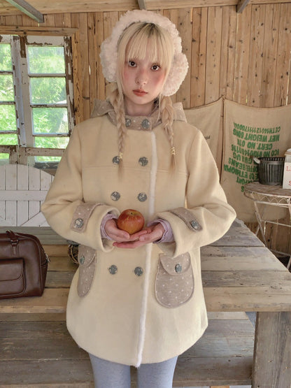 RF - Cream Yellow Hooded Wool-Blend Coat with Polka Dot Pockets