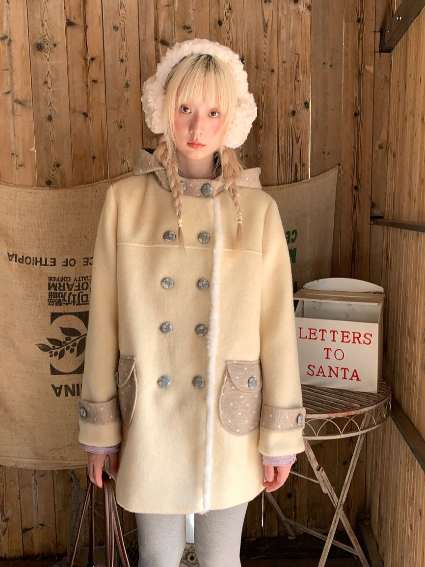 RF - Cream Yellow Hooded Wool-Blend Coat with Polka Dot Pockets