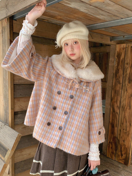 RF - Orange Plaid Cropped Cape Coat with Apricot Faux Fur Collar