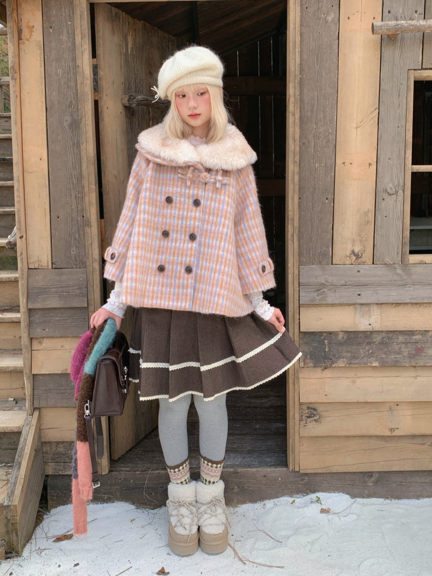 RF - Orange Plaid Cropped Cape Coat with Apricot Faux Fur Collar