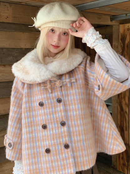RF - Orange Plaid Cropped Cape Coat with Apricot Faux Fur Collar