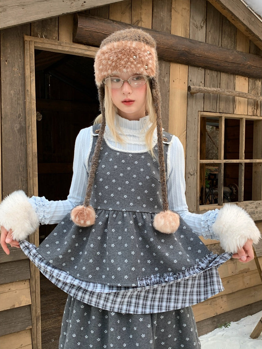 RF - Gray Floral Pinafore Top and Plaid Ruffle Skirt Set