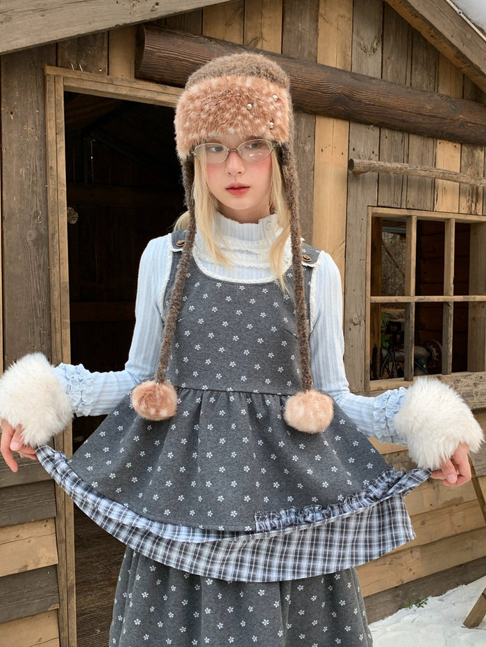 RF - Gray Floral Pinafore Top and Plaid Ruffle Skirt Set