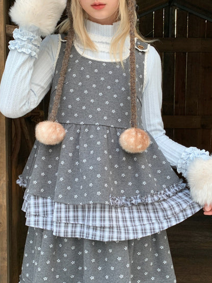 RF - Gray Floral Pinafore Top and Plaid Ruffle Skirt Set