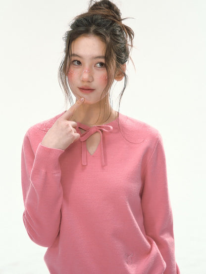 CANSTORE - "Berry Reverie" Pink V-Neck Bow-Tie Knit Sweater