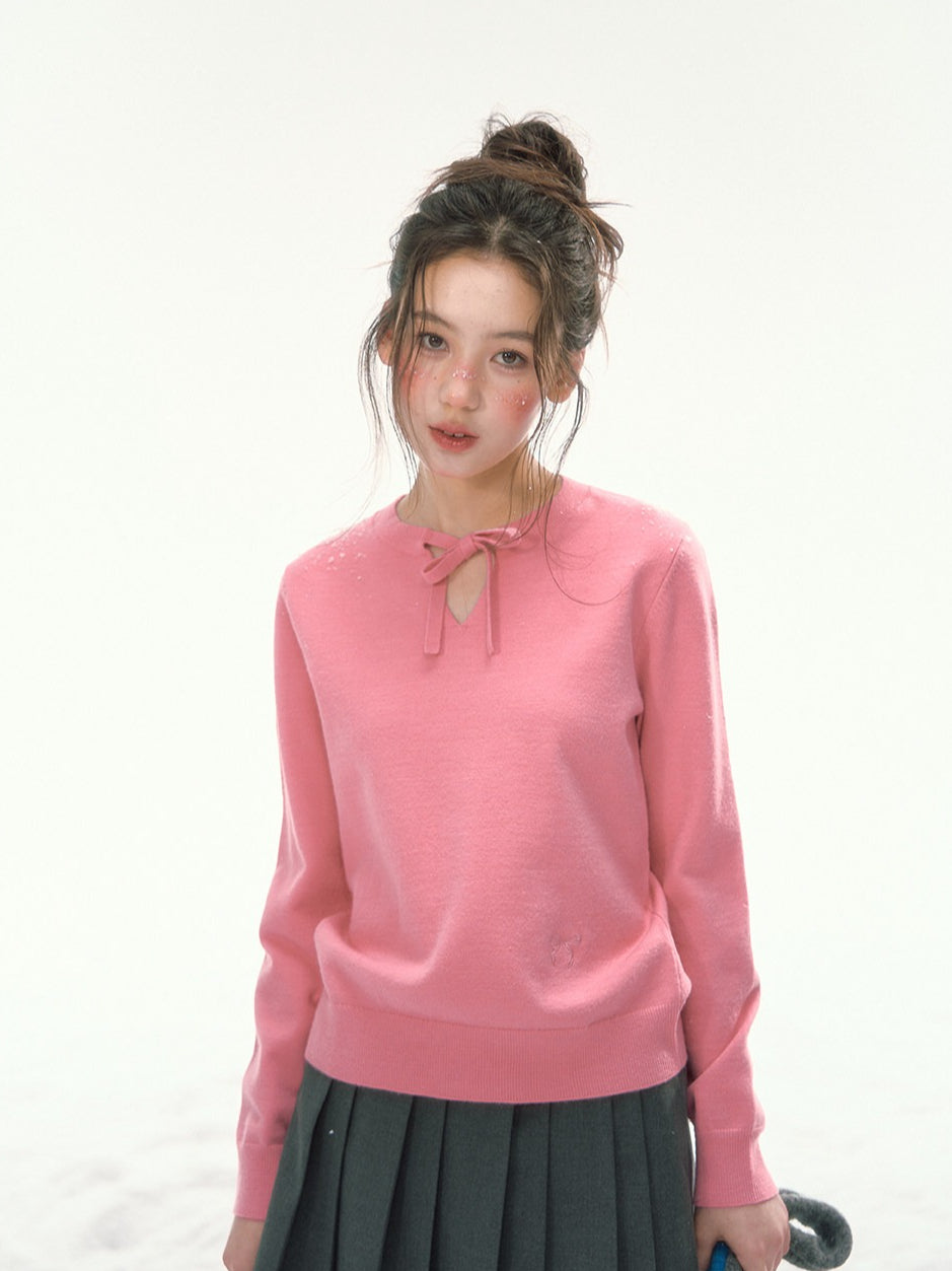CANSTORE - "Berry Reverie" Pink V-Neck Bow-Tie Knit Sweater