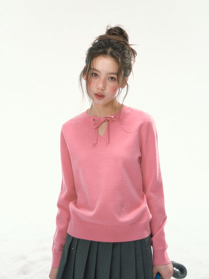 CANSTORE - "Berry Reverie" Pink V-Neck Bow-Tie Knit Sweater