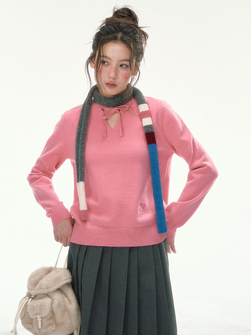 CANSTORE - "Berry Reverie" Pink V-Neck Bow-Tie Knit Sweater