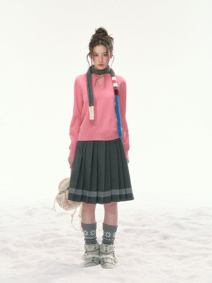 CANSTORE - "Berry Reverie" Pink V-Neck Bow-Tie Knit Sweater