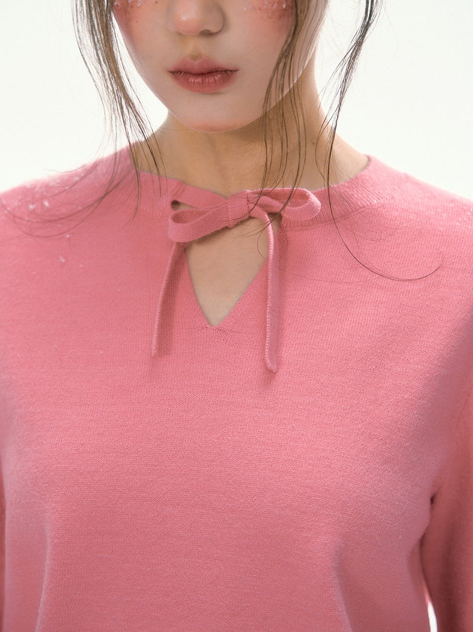 CANSTORE - "Berry Reverie" Pink V-Neck Bow-Tie Knit Sweater