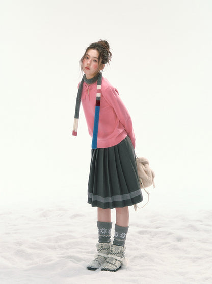 CANSTORE - "Berry Reverie" Pink V-Neck Bow-Tie Knit Sweater