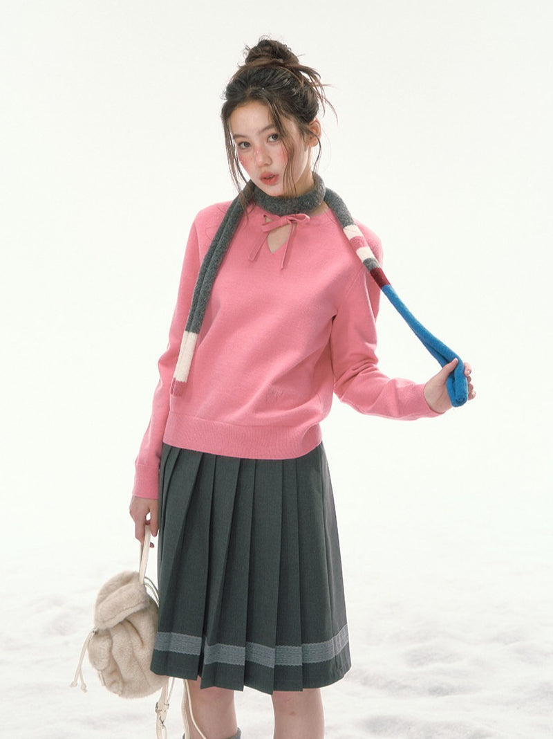 CANSTORE - "Berry Reverie" Pink V-Neck Bow-Tie Knit Sweater