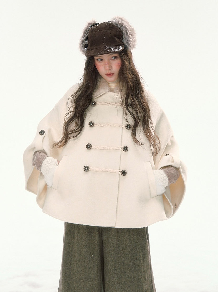 CANSTORE - "Pine Reverie" Ivory Wool-Blend Cape Coat with Faux Fur Collar