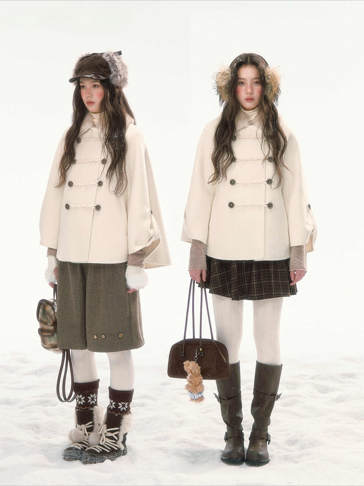 CANSTORE - "Pine Reverie" Ivory Wool-Blend Cape Coat with Faux Fur Collar